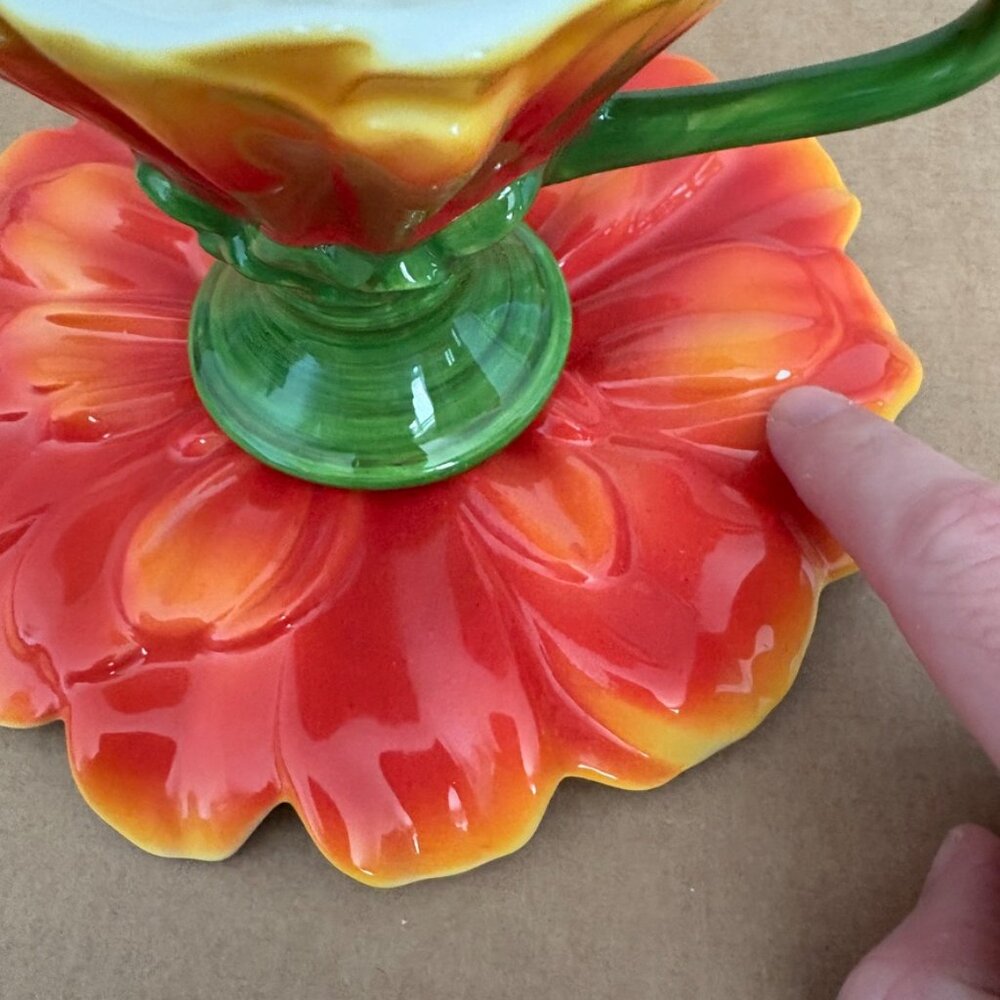 Flower Shaped Teacup & Saucer Red Orange Floral Ceramic - Picture 3 of 11